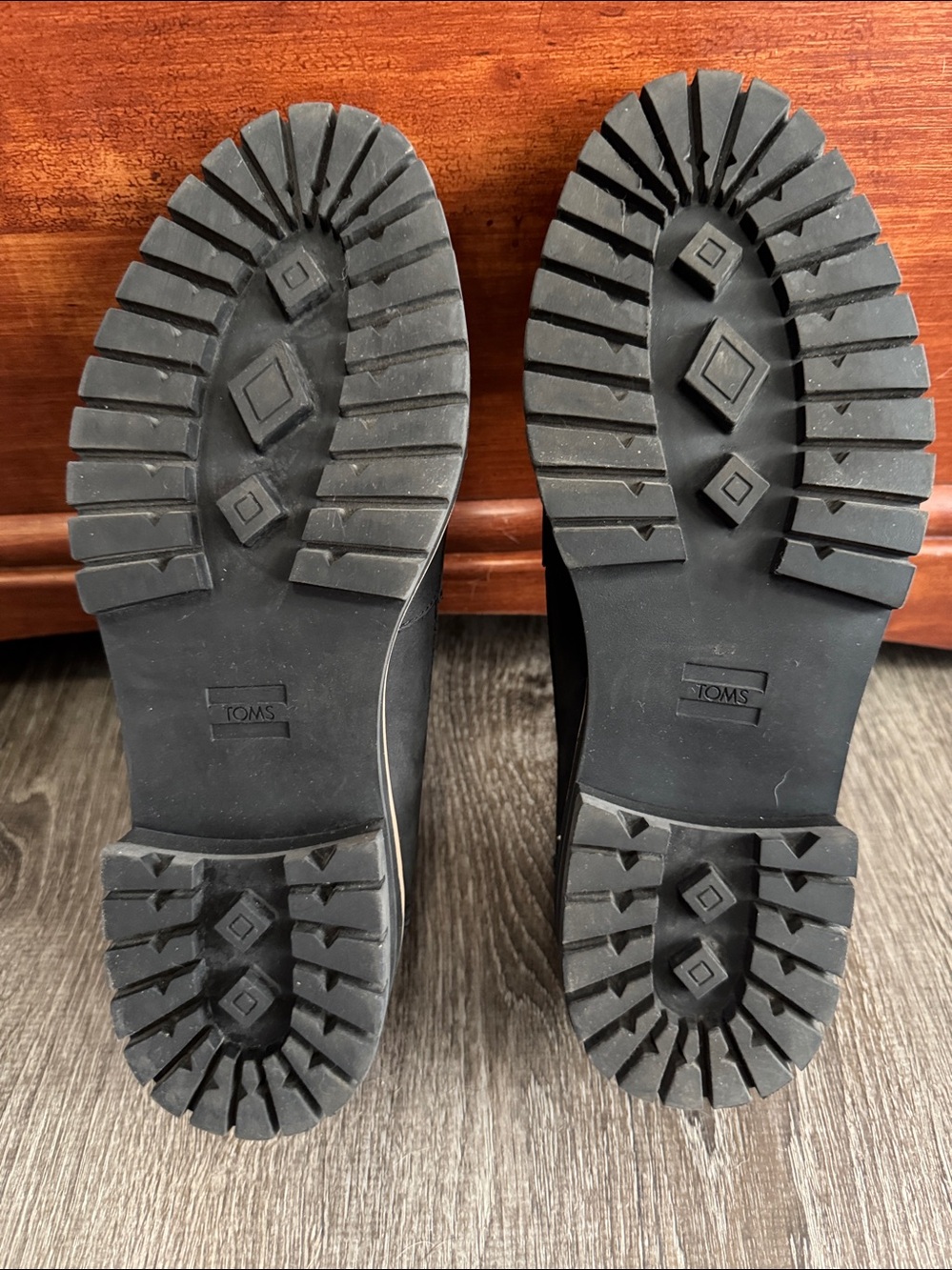 TOMS Cara Black Leather Penny Loafers with Tan Trim - Picture 5 of 9